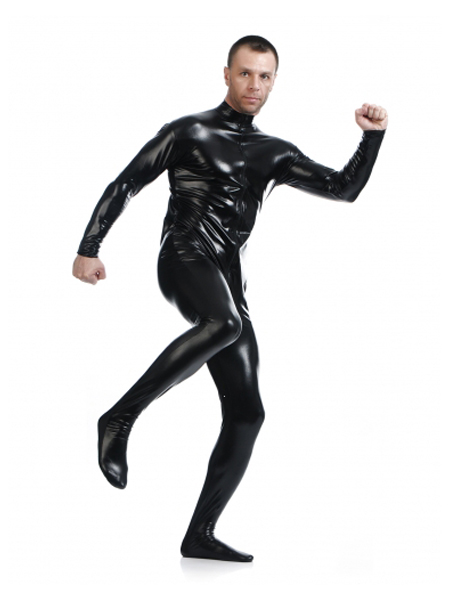 Black Fornt Zipper Zentai Shiny Metallic Zentai Suit