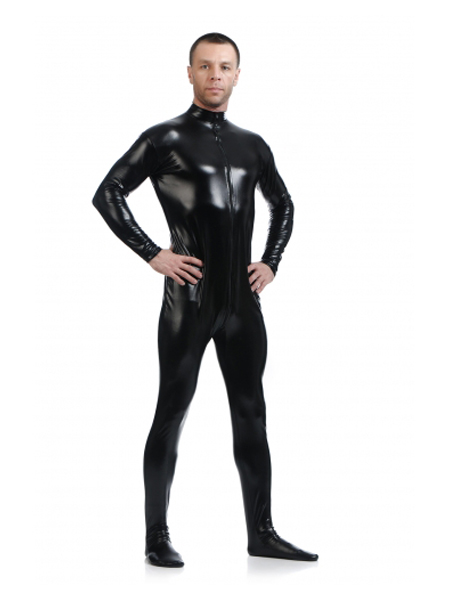 Black Fornt Zipper Zentai Shiny Metallic Zentai Suit
