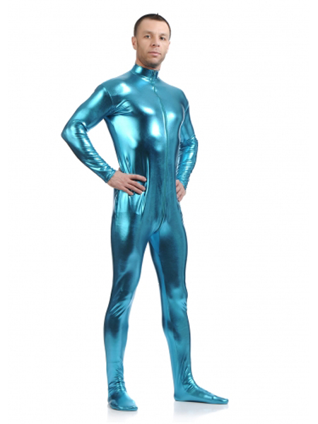 Blue Fornt Zipper Zentai Shiny Metallic Tight Zentai Suit