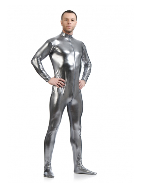 Dark Silver Fornt Zipper Zentai Shiny Metallic Tight Zentai Suit