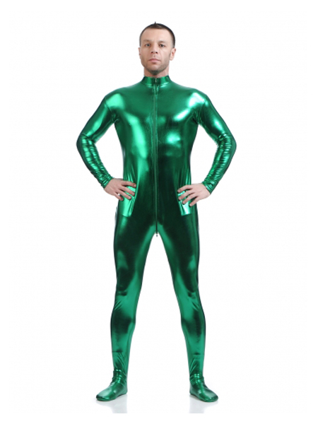 Green Front Zipper Male Shiny Metallic Tight Zentai Catsuit