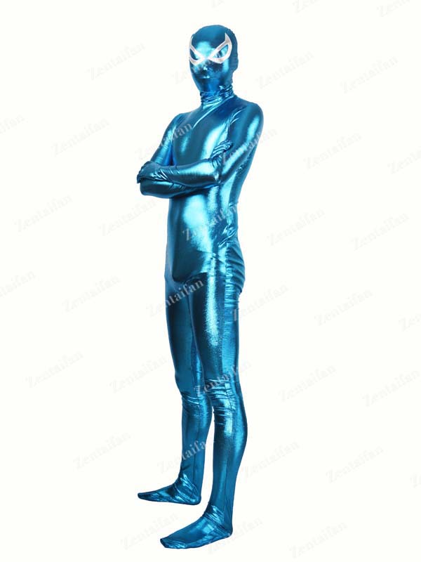 Blue Shiny Metallic Fullbody Zentai Suit With Eyes