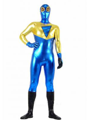 Blue and Yellow Shiny Metallic Eyes Opened Unisex Zentai Suit
