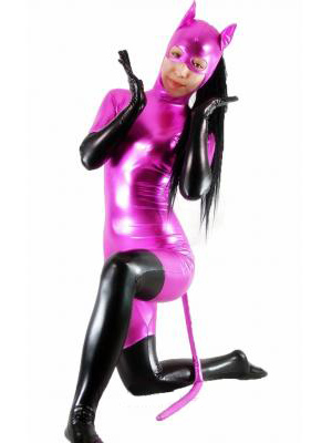 Catwoman Hot Pink With Black Fullbody Catwoman Tailed Zentai Suit