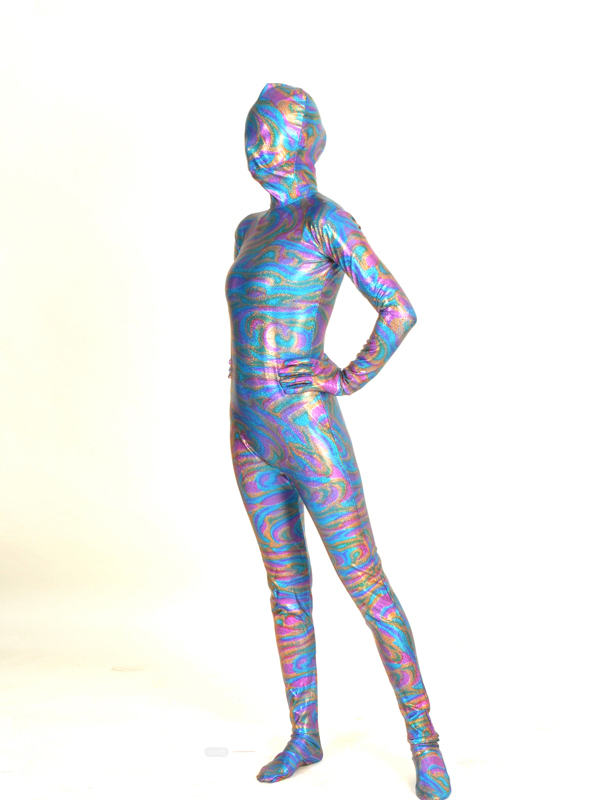 Multicolor Metallic Fullbody Zentai Costume With Stripes Printed