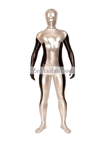 One-piece Black & Silver Shiny Metallic Zentai Suit