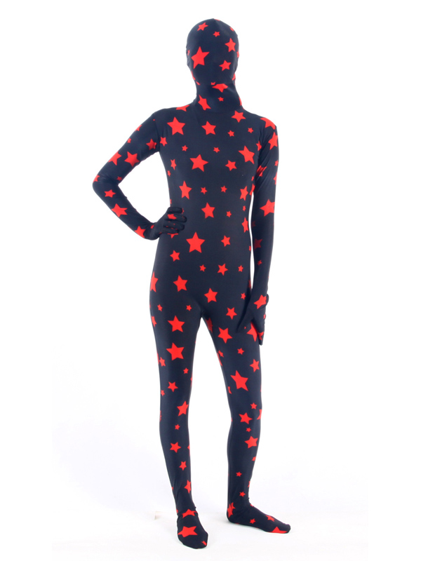 Red Stars Decorated Black Lycra Fullbody Zentai Suit