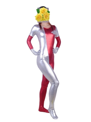 Silver and Red Scoop Neckline Shiny Zentai Catsuit